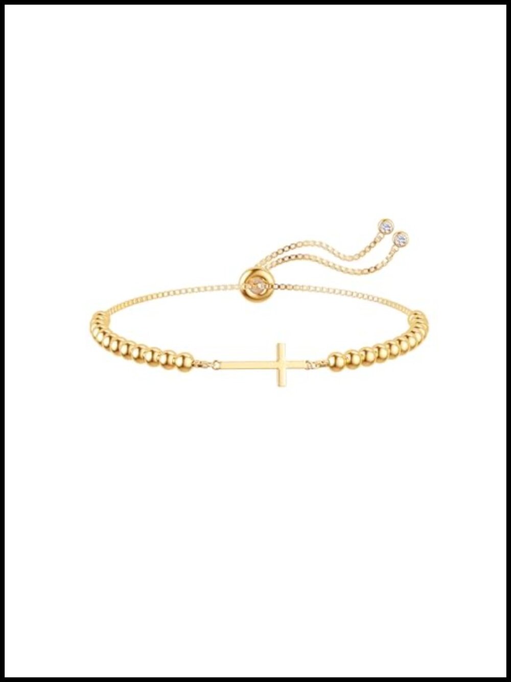 Dainty Gold Plated Bead Cross Bracelet for Women, Sliding Bead 10.6 Inch